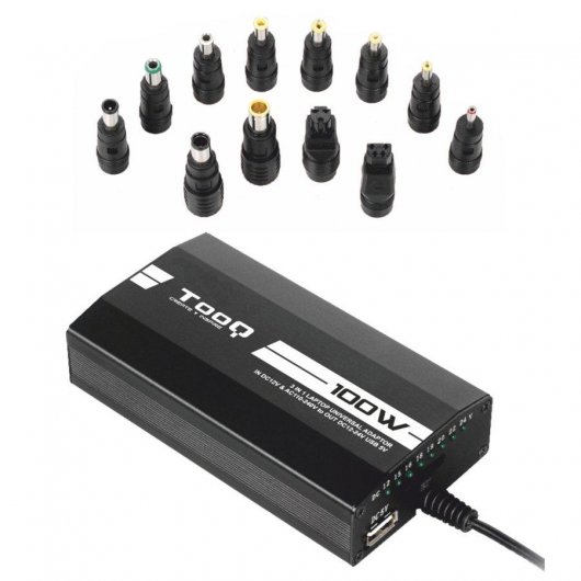 Tooq Chargeur Universel pour Ordinateur Portable 100W - USB - 12 Adaptateurs - Tension 12-24V - Voyant LED