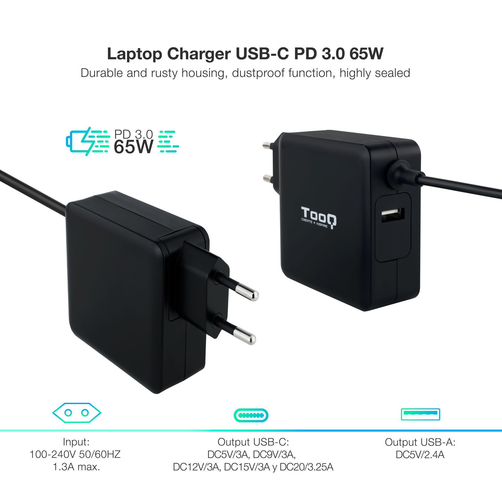 Tooq Chargeur Universel pour Ordinateur Portable 65W USB-C - Compatible PD - Câble 1.80m