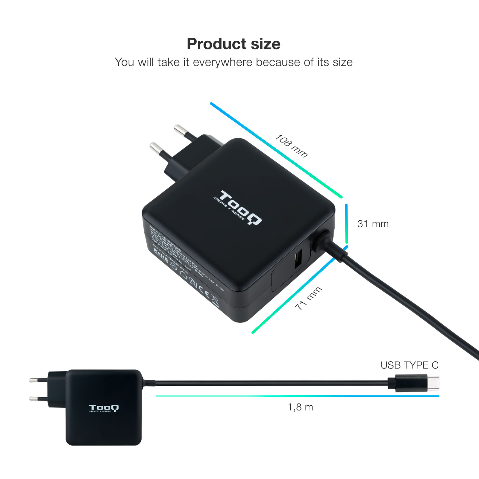 Tooq Chargeur Universel pour Ordinateur Portable 65W USB-C - Compatible PD - Câble 1.80m