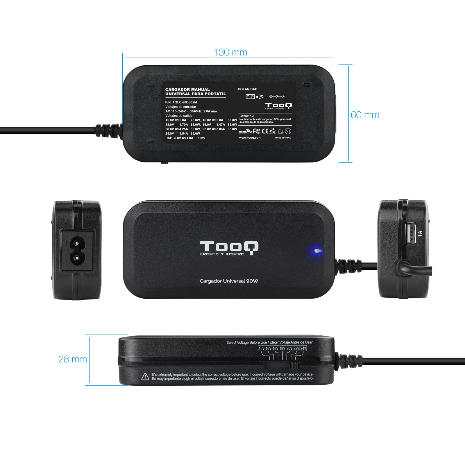 Tooq Chargeur Universel pour Ordinateur Portable 90W - USB - 12 Adaptateurs - Tension 15-24V
