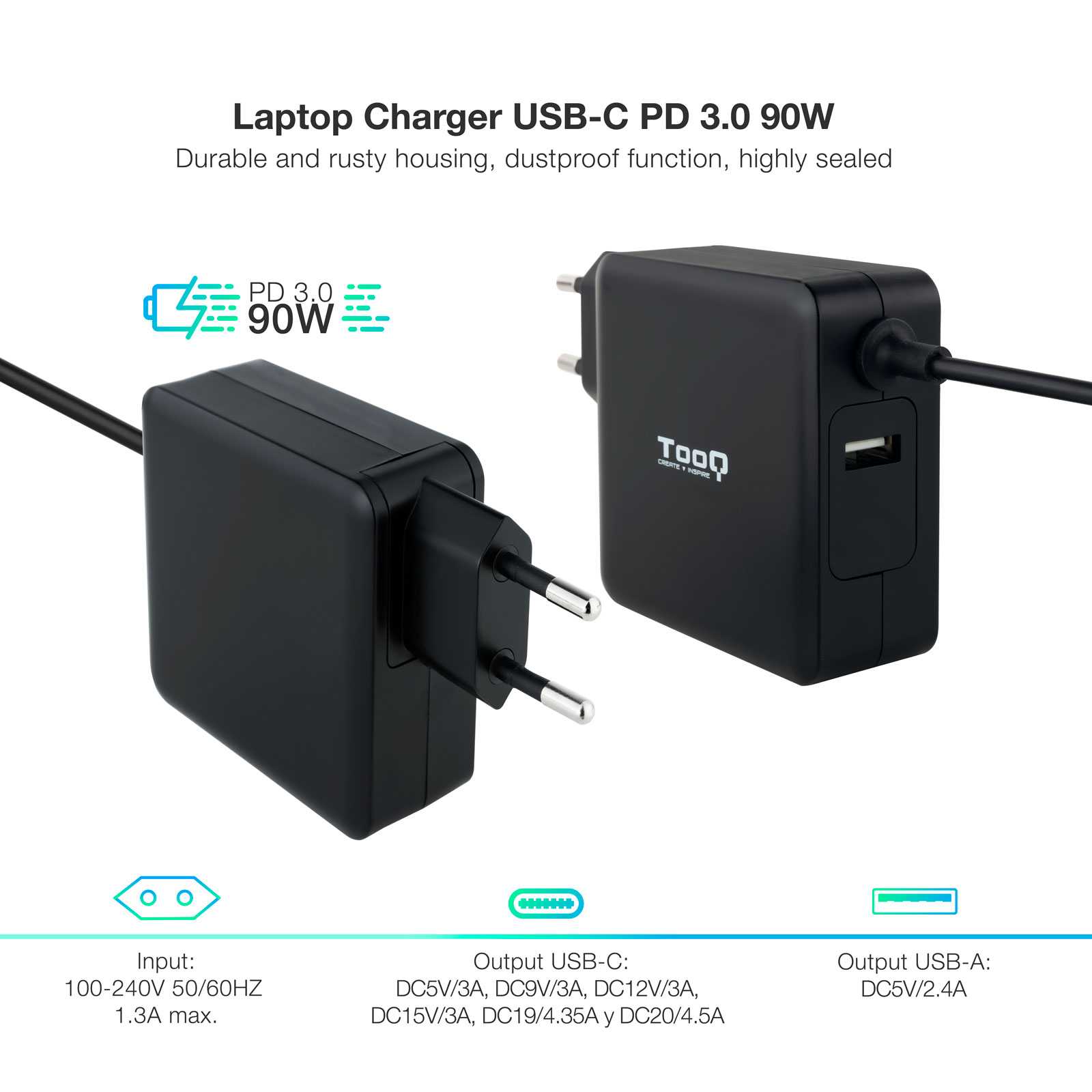 Tooq Chargeur Universel pour Ordinateur Portable 90W USB-C - Compatible PD - Câble 1.80m