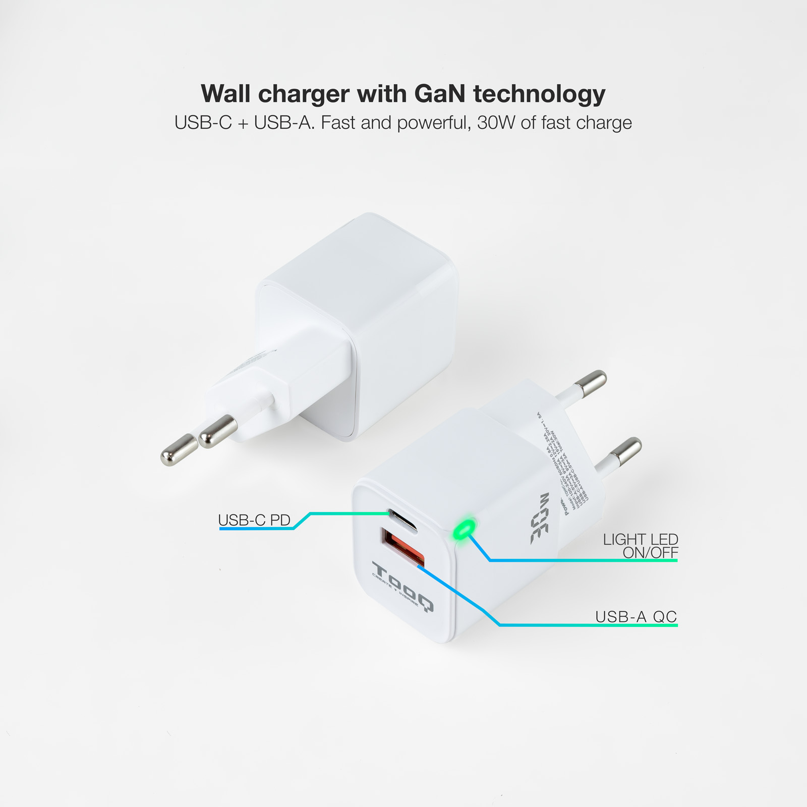 Tooq GaN Chargeur Mural USB-C/PD + USB-A/QC 30W - Couleur Blanche