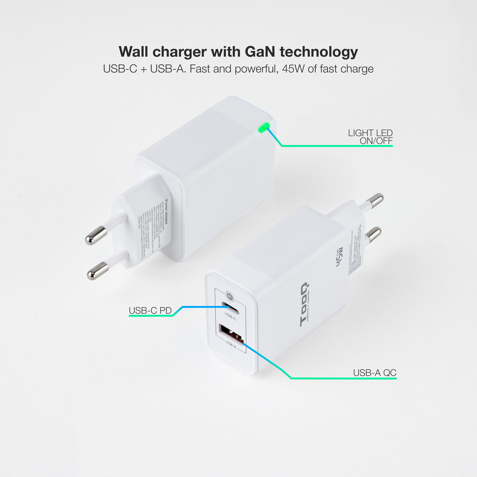 Tooq GaN Chargeur Mural USB-C/PD + USB-A/QC 45W - Couleur Blanche