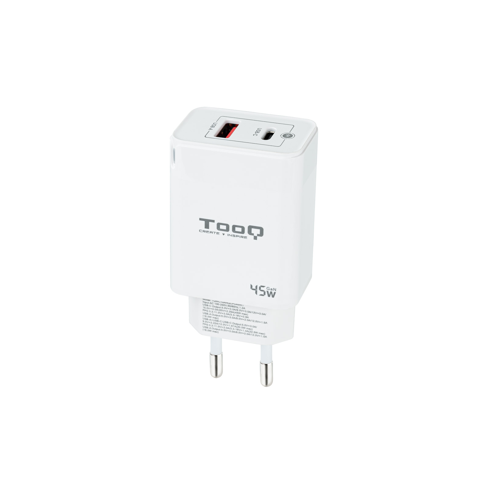 Tooq GaN Chargeur Mural USB-C/PD + USB-A/QC 45W - Couleur Blanche