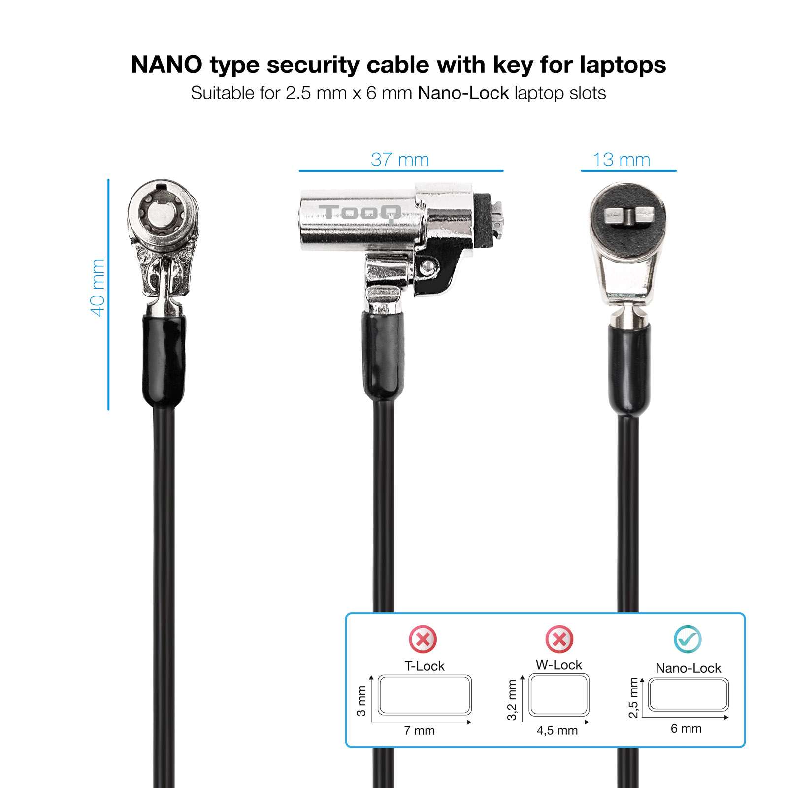 Tooq Nano Câble de Sécurité Clé 2,5x6mm pour Ordinateurs Portables - Couleur Grise