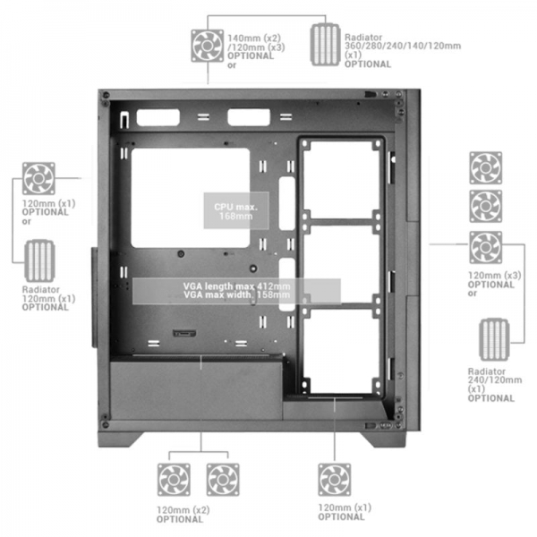 Tour de jeu Mars Gaming MC-XP - Double verre trempé - Refroidissement avancé 10 ventilateurs - Compatible E-ATX - Installation polyvalente de cartes graphiques - Couleur noire