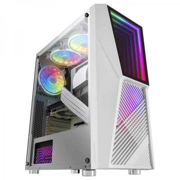 Tour moyenne de jeu Mars Gaming MC777 Premium - Miroir ARGB Infinity - 17 modes d'éclairage - Refroidissement avancé avec 2 ventilateurs - Grande capacité interne - Couleur blanche
