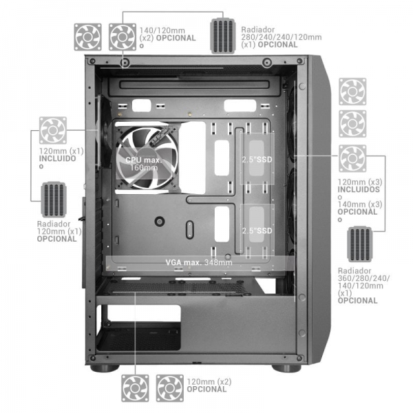 Tour PC Mars Gaming MC-PRO2 - 5 Ventilateurs Ultra Silencieux - Support Refroidissement Liquide - Fenêtre en Verre Trempé - Couleur Noir