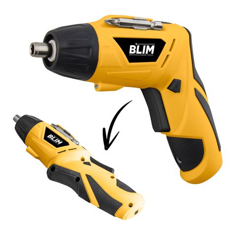 Tournevis double position Blim Batterie 4V - Vitesse 210 tr/min - Connecteur hexagonal 1/4 (6,35 mm) - Changement de sens de rotation - Capacité de la batterie 1300 Mah - Comprend 1 rallonge magnétique, 11 embouts de tournevis - Poignée ergonomique