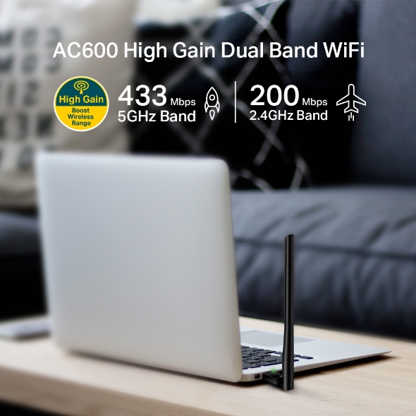 TP-LINK Archer T2U Plus AC600 Adaptateur USB sans fil double bande à gain élevé - Wi-Fi haut débit - Double bande sans fil - Antenne à gain élevé pivote à 180º - Prend en charge les derniers systèmes