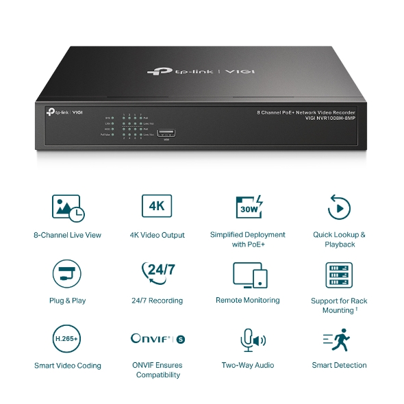 TP-Link VIGI NVR1008H-8P Enregistreur vidéo réseau PoE+ 8 canaux - Vidéo H.265+ - Enregistrement continu 24h/24 et 7j/7 - Audio bidirectionnel
