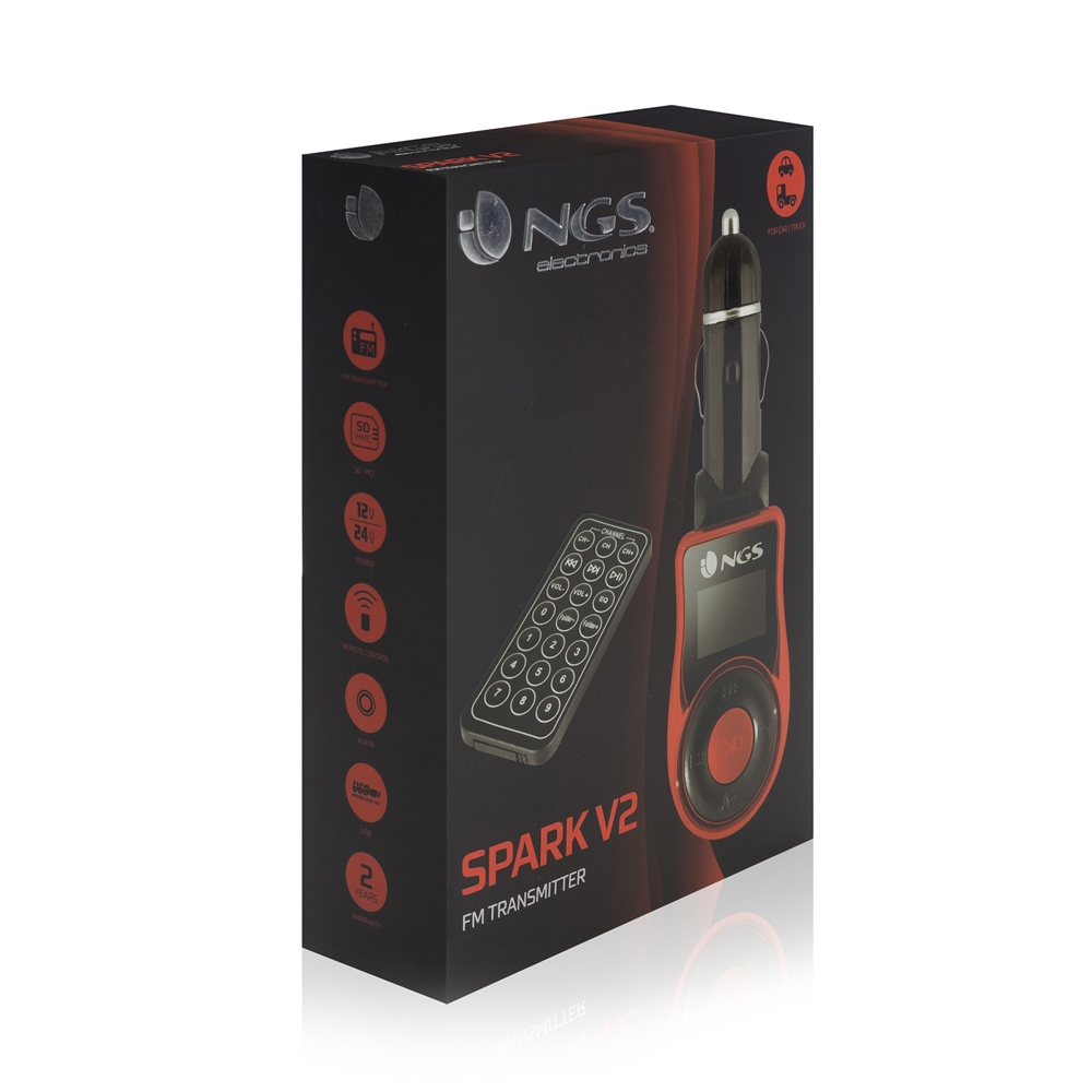 Transmetteur FM NGS Spark V2 pour Voiture - 206 Canaux - Fréquences 87.5 à 108.0MHz - USB et SD/MMC - Télécommande