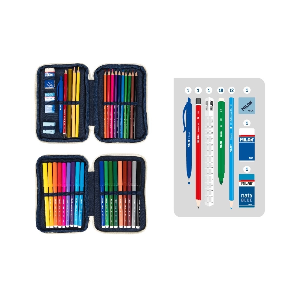 Trousse à crayons à deux niveaux Milan Collection 430 avec 2 gommes, un taille-crayon, un crayon, un stylo à bille P1 Touch Blue, une règle, 12 crayons de couleur et 18 marqueurs - Beige