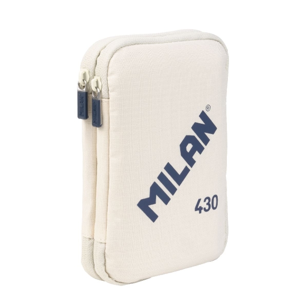 Trousse à crayons à deux niveaux Milan Collection 430 avec 2 gommes, un taille-crayon, un crayon, un stylo à bille P1 Touch Blue, une règle, 12 crayons de couleur et 18 marqueurs - Beige