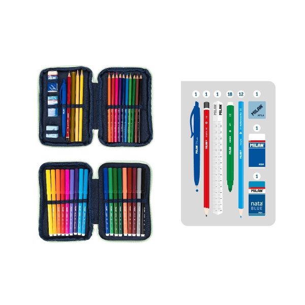 Trousse à crayons à deux niveaux Milan Collection 430 avec 2 gommes, un taille-crayon, un crayon, un stylo à bille P1 Touch Blue, une règle, 12 crayons de couleur et 18 marqueurs - Vert