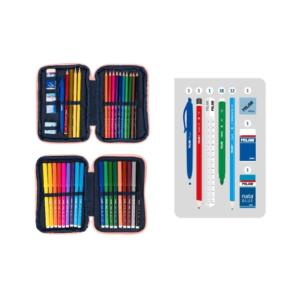 Trousse à crayons Milan Collection 430 à 2 niveaux avec 2 gommes, un taille-crayon, un crayon, un stylo à bille P1 Touch Blue, une règle, 12 crayons de couleur et 18 marqueurs - Rose