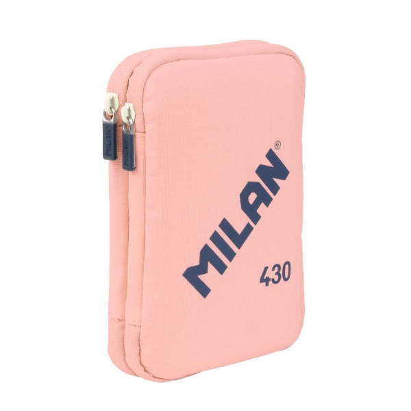 Trousse à crayons Milan Collection 430 à 2 niveaux avec 2 gommes, un taille-crayon, un crayon, un stylo à bille P1 Touch Blue, une règle, 12 crayons de couleur et 18 marqueurs - Rose