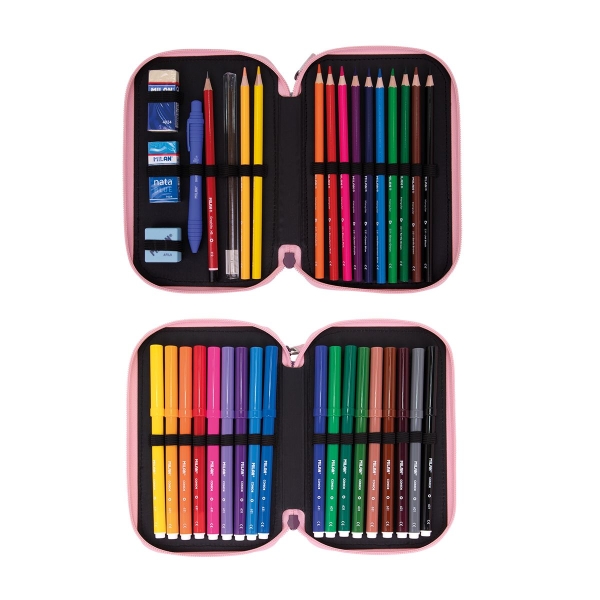 Trousse à crayons Milan Fun Animals à 2 niveaux avec 2 gommes, un taille-crayon, un crayon, un stylo capsule, une règle, 12 crayons de couleur et 18 marqueurs - Bleu/Turquoise