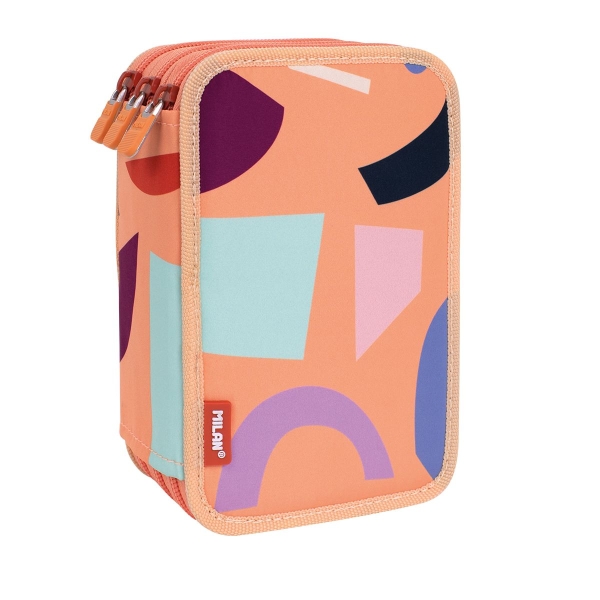 Trousse à crayons Milan Fun Animals à 3 niveaux avec gomme, taille-crayon, crayon, 3 stylos à bille, règle, 12 crayons de couleur, 6 crayons fluorescents, 5 crayons fluorescents, ciseaux et 18 marqueurs - Orange/Beige