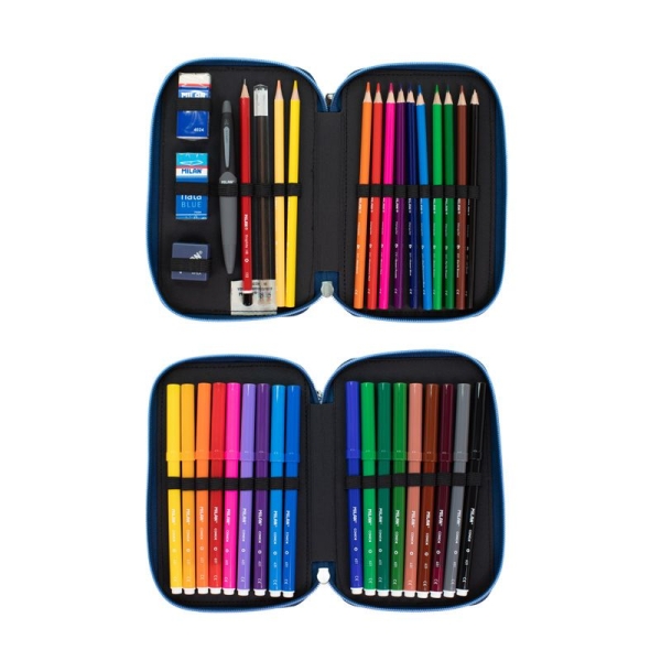Trousse à crayons Milan The Fun à 2 niveaux avec 2 gommes, un taille-crayon, un crayon, un stylo capsule, une règle, 12 crayons de couleur et 18 marqueurs