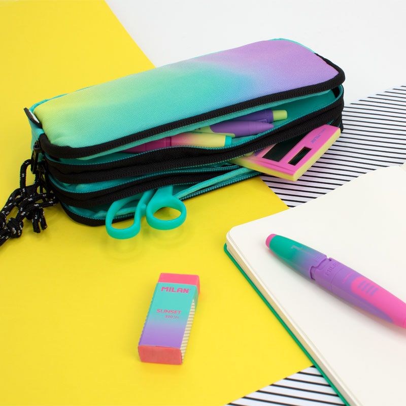 Trousse Milan Sunset 3 Compartiments - Tissu Indéchirable - Dimensions 22x11x6,5cm - Couleur Turquoise