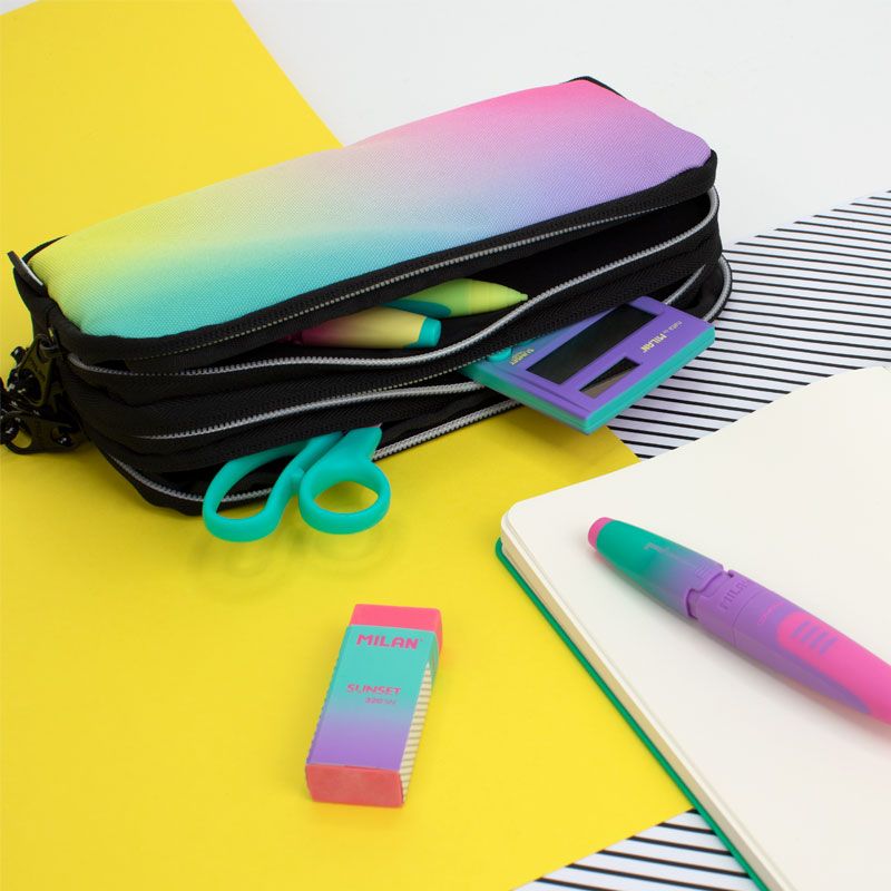 Trousse Milan Sunset à 3 compartiments - Tissu indéchirable - Dimensions 22x11x6,5 cm - Modèle Noir