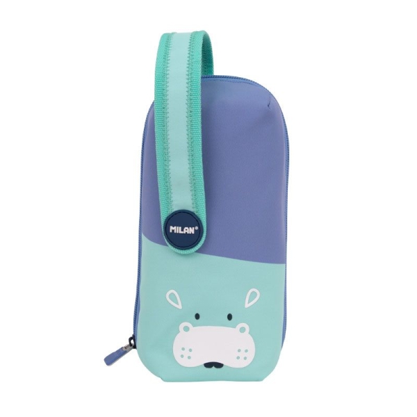 Trousses Milan Fun Animals, lot de 4, contenu standard : gomme, 2 taille-crayons, crayon, 1 stylo Sway bleu et 2 stylos tactiles P1 noirs et rouges, règle de 15 cm, 10 crayons de couleur Ergo et 12 marqueurs - Bleu/Turquoise