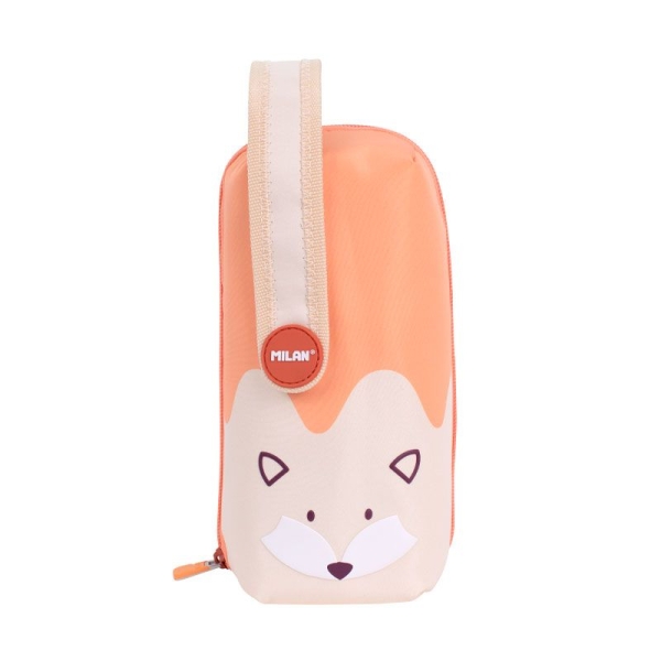 Trousses Milan Fun Animals, lot de 4, contenu standard : gomme, 2 taille-crayons, crayon, 1 stylo Sway bleu et 2 stylos tactiles P1 noirs et rouges, règle de 15 cm, 10 crayons de couleur Ergo et 12 marqueurs - Orange/Beige
