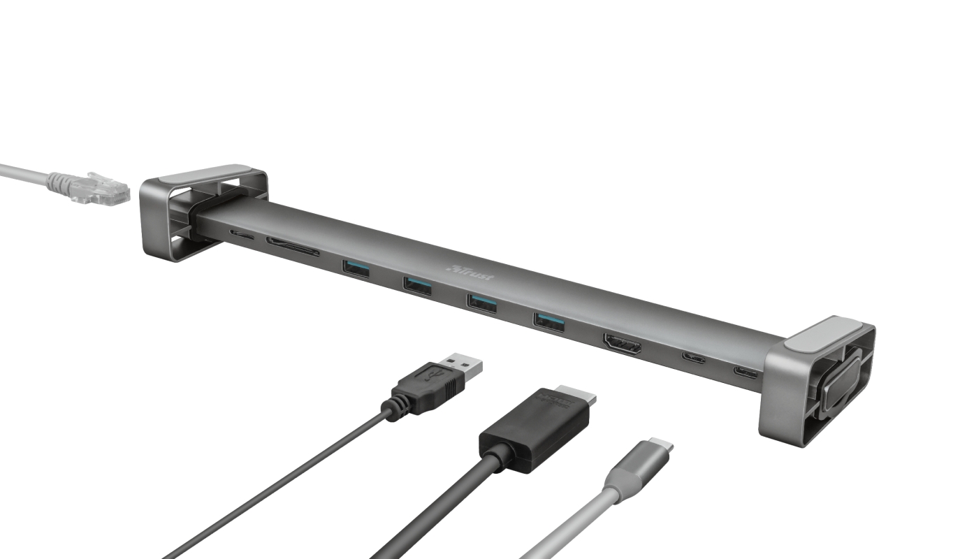 Trust Dalyx Docking Station USB-C 10 en 1 - HDMI Ultra HD 4K - Gigabit LAN RJ45 - USB-C PD jusqu'à 60W - 4x USB-A 3.2 Gen 1 jusqu'à 5Gbps - Lecteur de carte SD/MicroSD