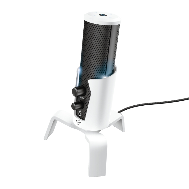 Trust Gaming GXT 258W Fyru Microphone USB 4 en 1 pour Streaming - Eclairage LED - 4 Modes d'Enregistrement - Entrée Jack 3.5mm - Câble 1.80m - Couleur Blanche