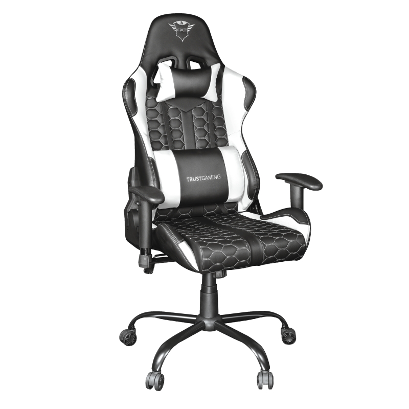 Trust GXT 708R Rest Gaming Chair - Accoudoirs - Dossier réglable entre 90° et 180° - Coussin lombaire et cervical - Roues en nylon - Piston à gaz classe 4 - Base en métal - Max. 150kg - Couleur Noir/Blanc