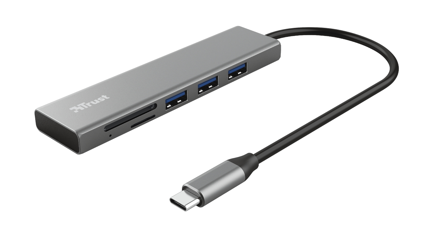 Trust Halyx Hub USB-C 3 Ports USB-A + Lecteur de Carte SD/MicroSD - Compatible SDHC et SDXC - Jusqu'à 5Gbps - Aluminium