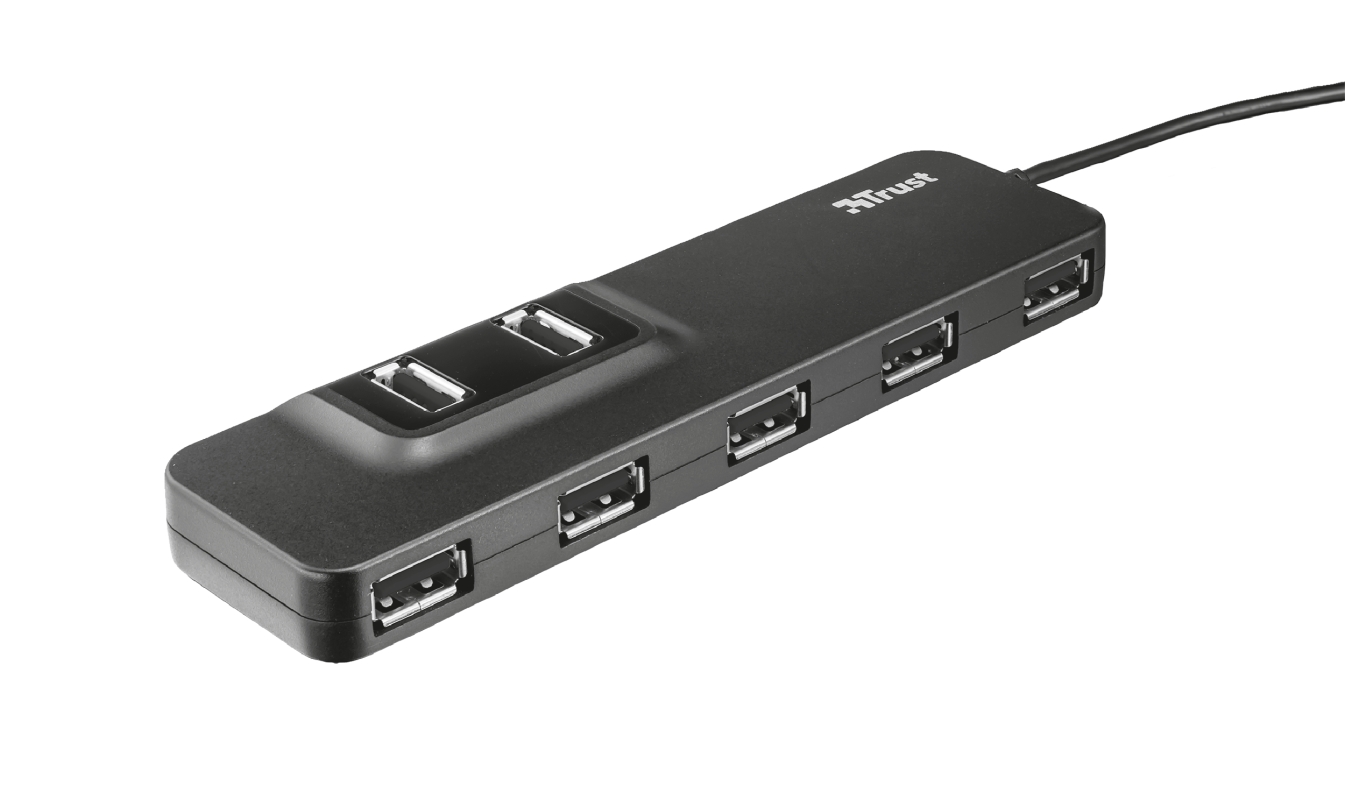 Trust Oila Hub 7 ports USB 2.0 - Alimentation externe - Protection contre les courts-circuits - Câble de 1,40 m - Couleur noire