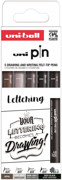Uni-ball PIN Pack de 5 Marqueurs Lettrage Calibrés - Pointe Polyacétal - Encre Pigmentée Résistante à l'Eau et à la Lumière - Couleurs Assorties