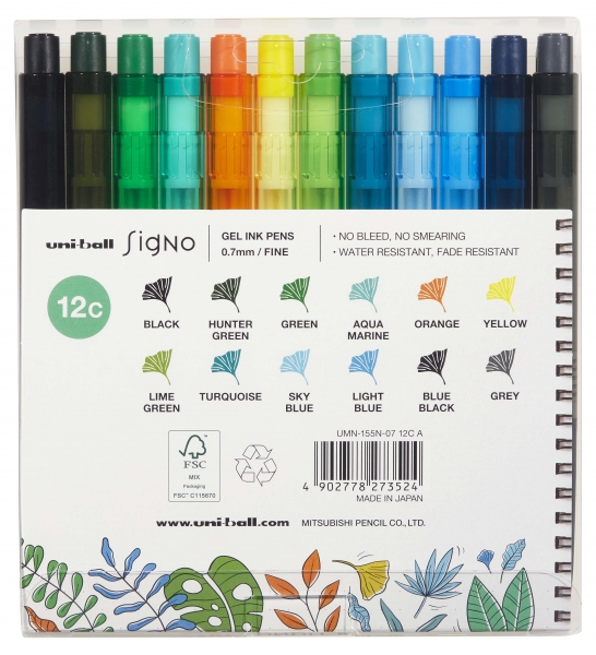 Uni-ball Signo RT1 UMN-155N Étui de 12 stylos rétractables - Pointe à bille 0,7 mm - Encre gel améliorée - Grip en caoutchouc - Couleurs assorties