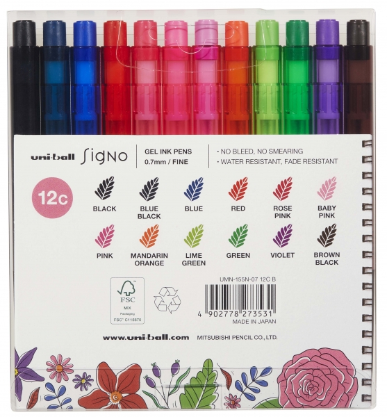 Uni-ball Signo RT1 UMN-155N Étui de 12 stylos rétractables - Pointe à bille 0,7 mm - Encre gel améliorée - Grip en caoutchouc - Couleurs assorties
