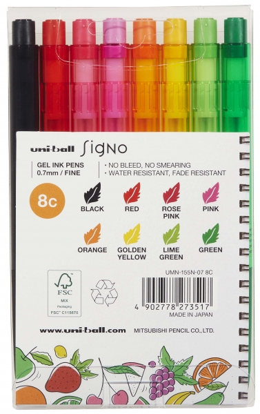 Uni-ball Signo RT1 UMN-155N Étui de 8 stylos rétractables - Pointe à bille 0,7 mm - Encre gel améliorée - Grip en caoutchouc - Couleurs assorties