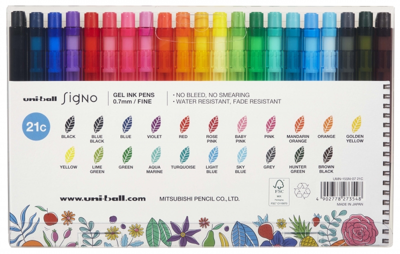 Uni-ball UMN-155N Signo RT1 Étui de 21 stylos rétractables - Pointe à bille 0,7 mm - Encre gel améliorée - Grip en caoutchouc - Couleurs assorties