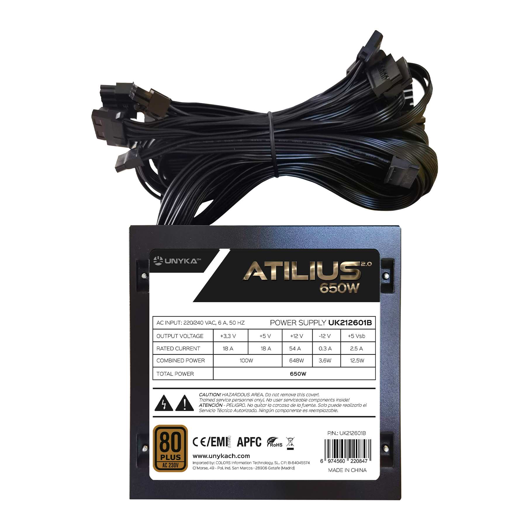 Unykach Atilius 2.0 Noir 650W 80 Plus Bronze Alimentation 650W ATX 2.3 - APFC - Ventilateur 120mm