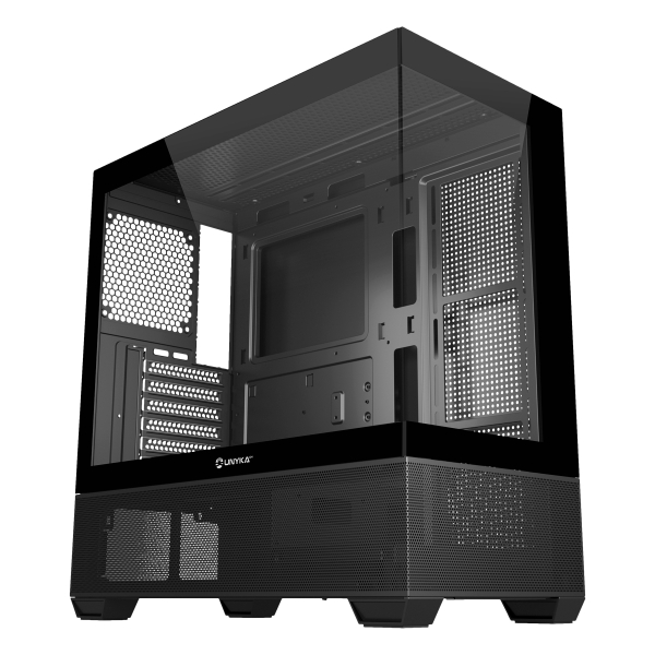 Unykach Revelat Black ATX, Micro ATX, ITX Case - Avant et côté en verre trempé - 3,5", 2,5" - USB-A 3.0, USB-C et HD Audio - Prend en charge le refroidissement liquide