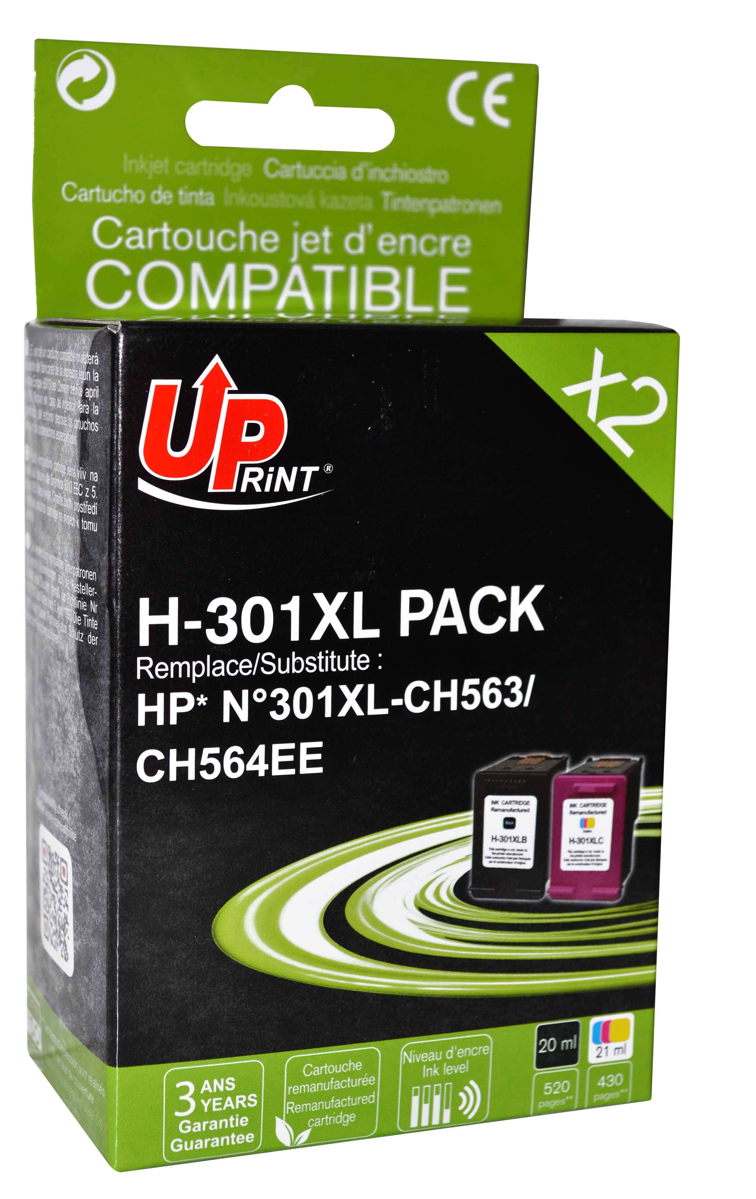 Pack UPrint compatible HP 301XL (CH563EE/CH564EE) noir et couleur