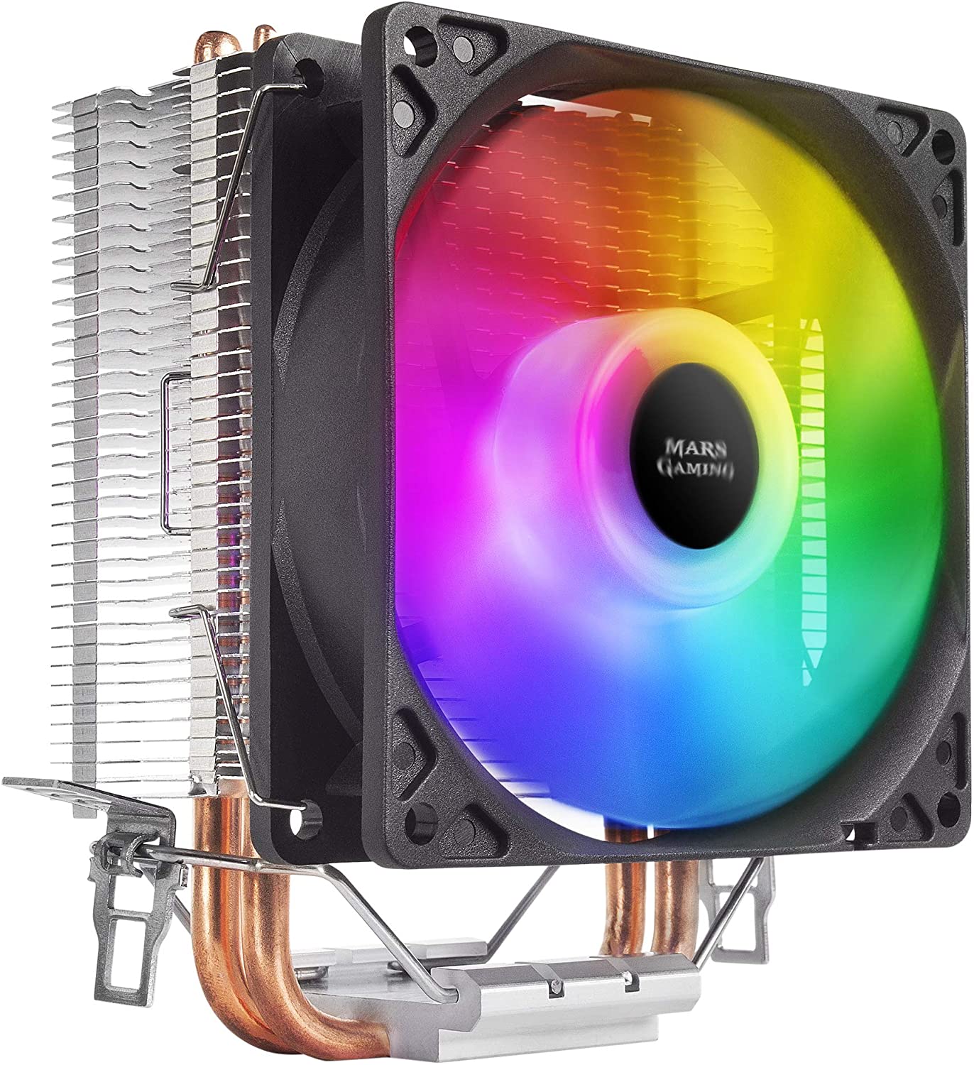 Ventilateur CPU Mars Gaming 90 mm avec dissipateur thermique - Éclairage RVB - Jusqu'à 130 W - Vitesse max. 2200rpm - 2 caloducs