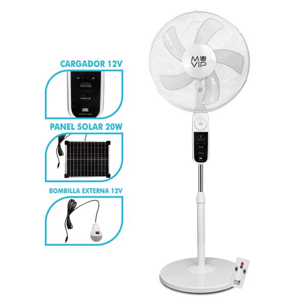 Ventilateur solaire sur pied Muvip - 12 000 mAh - 40 cm - 4 vitesses - Lumière LED - USB - Blanc