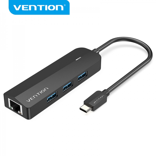Vention HUB 5 en 1 USB-C vers 3xUSB3.0/RJ45/Micro B Alimenté - 0,15m - Couleur Noir