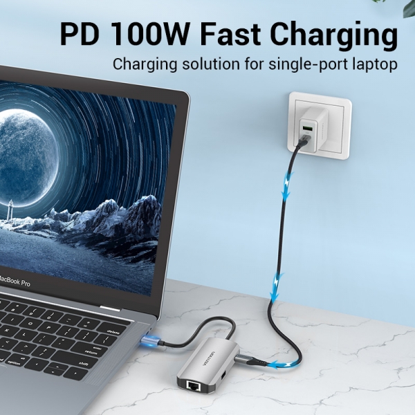Vention HUB 5 en 1 USB-C vers 3xUSB3.0/RJ45/PD100W - 0,15m - Couleur Gris