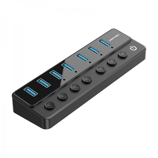 Vention HUB 7 en 1 USB3.0 à 7xUSB3.0 avec commutateurs individuels et alimentation externe - Couleur noire
