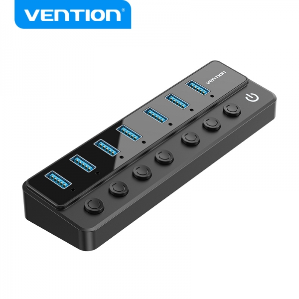 Vention HUB 7 en 1 USB3.0 à 7xUSB3.0 avec commutateurs individuels et alimentation externe - Couleur noire