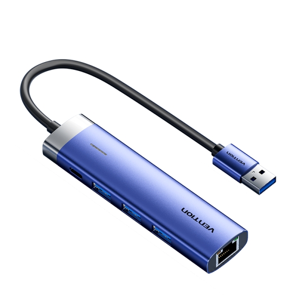 Vention Hub USB 3.0 5 en 1 - Transfert 5 Gbps - Port Ethernet Gigabit - Large Compatibilité - Contrôle Thermique Efficace - Couleur Bleu