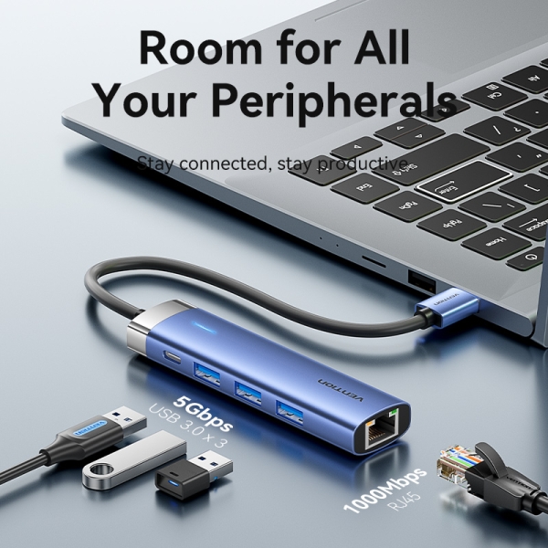 Vention Hub USB 3.0 5 en 1 - Transfert 5 Gbps - Port Ethernet Gigabit - Large Compatibilité - Contrôle Thermique Efficace - Couleur Bleu