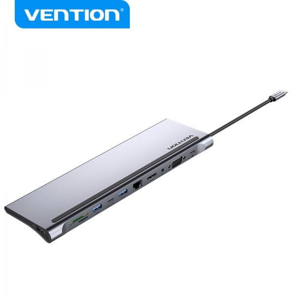 Vention Station d'accueil 11 en 1 USB-C vers HDMI/VGA/USB-C/USB 3.0x2/USB2.0/RJ45/SD/TF/Audio Jack/PD100W - 0.25m - Couleur Gris Métallisé